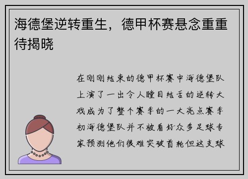 海德堡逆转重生，德甲杯赛悬念重重待揭晓