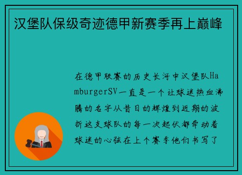 汉堡队保级奇迹德甲新赛季再上巅峰