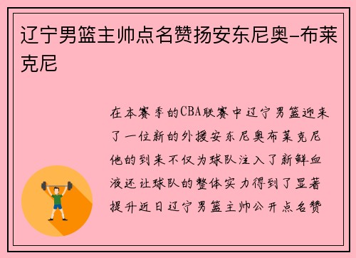辽宁男篮主帅点名赞扬安东尼奥-布莱克尼