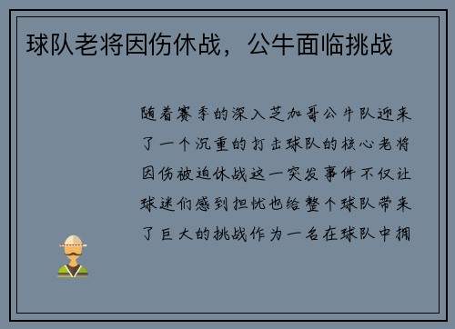 球队老将因伤休战，公牛面临挑战